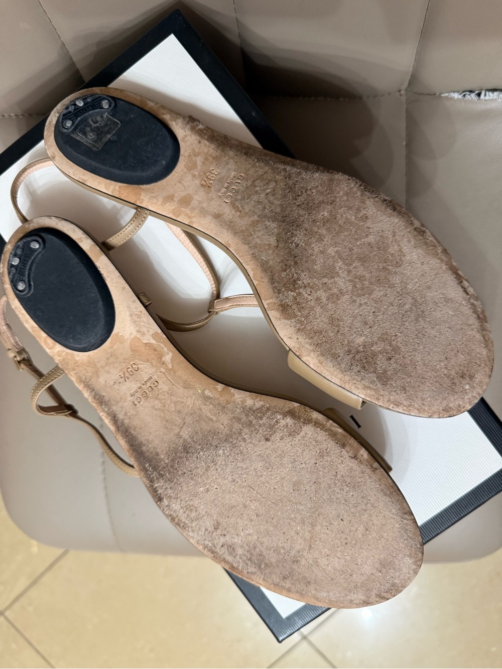 Gucci Beige/Tan Leather Horsebit T-Strap Sandals - Picture 2 of 2